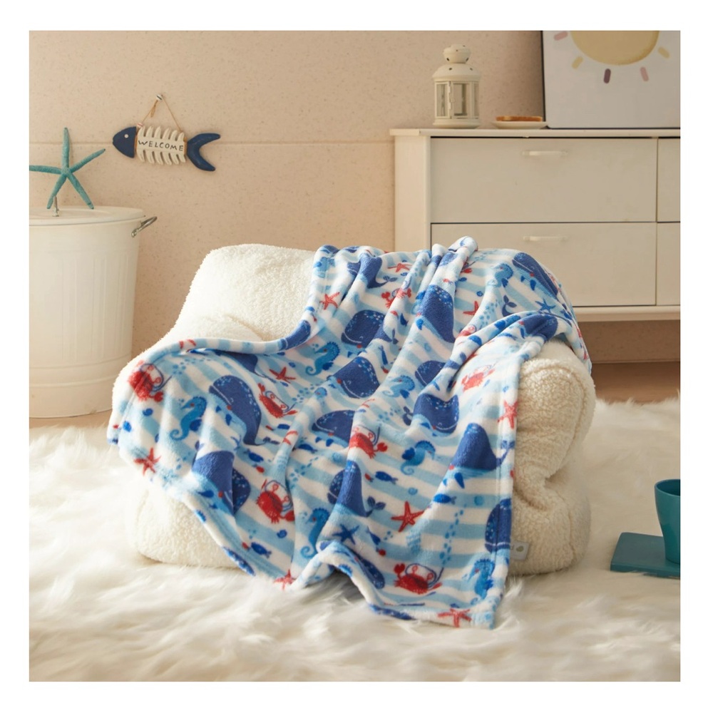 White blue stripe Whales Sea Horses Crabs plush throw blanket